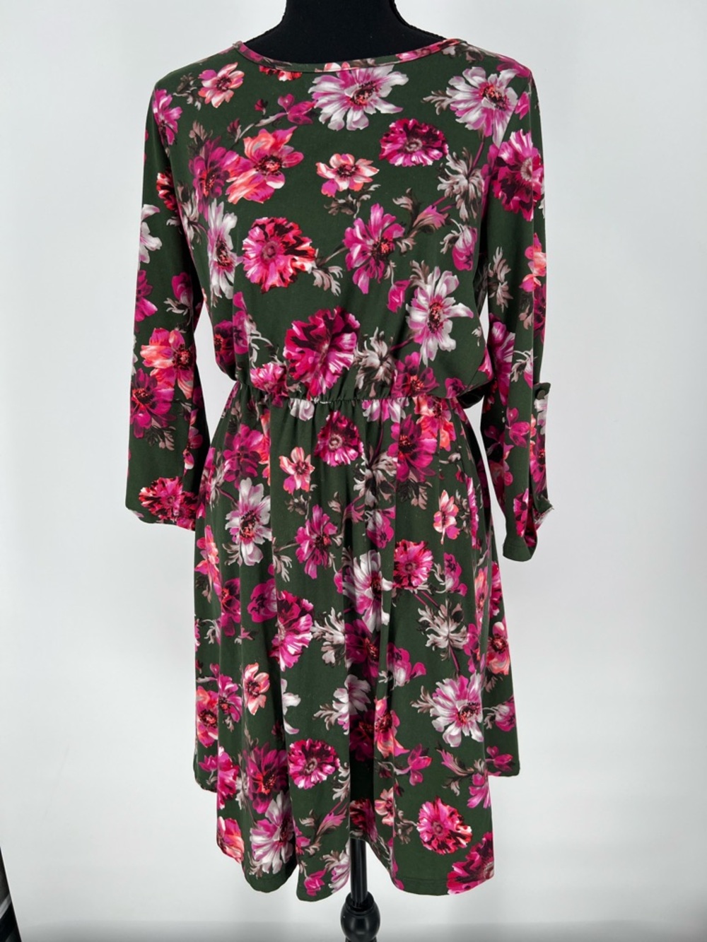 FRENCH GREY Floral Swing Dress in Olive Green and Hot Pink